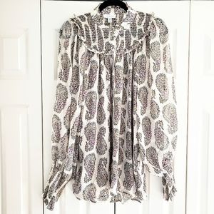 Topshop Cream Paisley Ruffle Long-Sleeve Blouse with Pink Accents